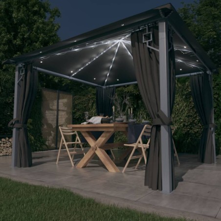vidaXL Cenador cortina y tira de lz LED aluminio antracita 300x300 cm