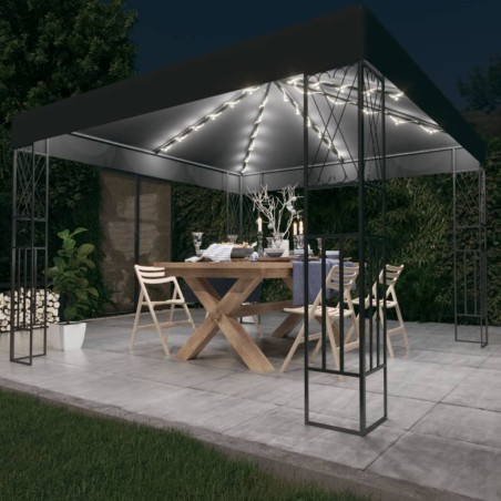 vidaXL Cenador con tira de luces LED 3x3 m tela gris antracita