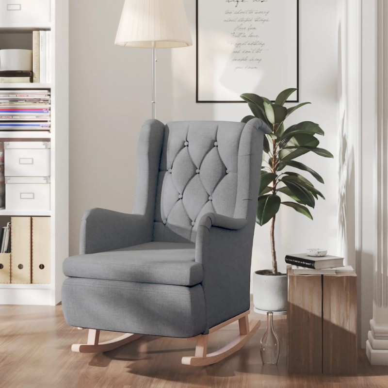 vidaXL Sillón con patas mecedoras madera maciza caucho tela gris claro vidaXL Sillón con patas mecedoras madera maciza caucho tela gris claro