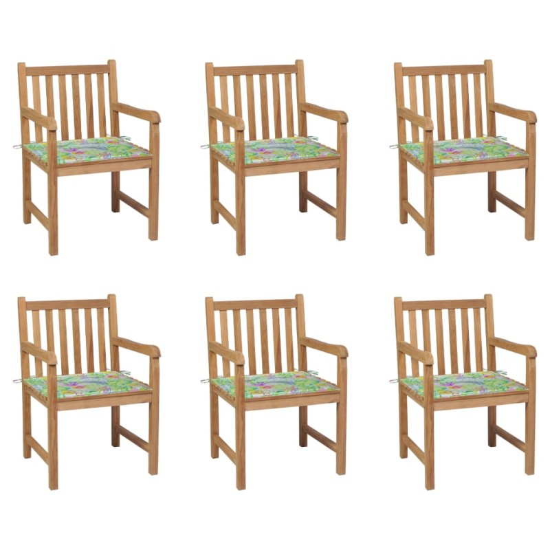 vidaXL Sillas de jardín 6 uds madera de teca cojines estampado hojas vidaXL Sillas de jardín 6 uds madera de teca cojines estampado hojas