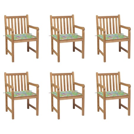 vidaXL Sillas de jardín 6 uds madera de teca cojines estampado hojas