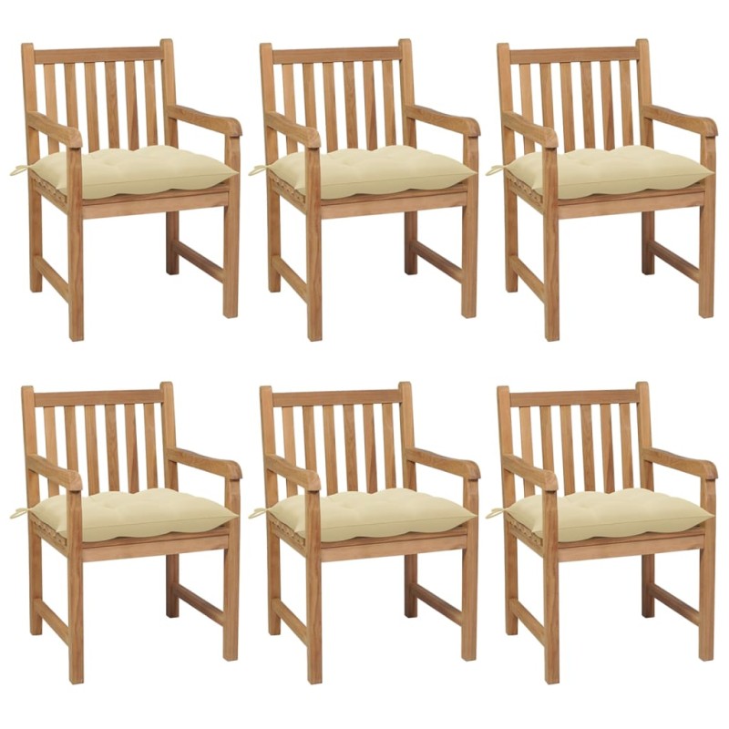 vidaXL Sillas de jardín 6 uds madera maciza teca cojines crema blanca vidaXL Sillas de jardín 6 uds madera maciza teca cojines crema blanca