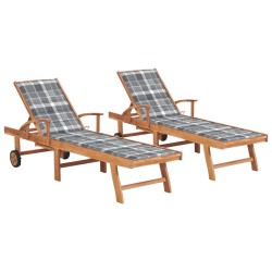 vidaXL Tumbonas 2 uds madera maciza de teca con cojín a cuadros gris