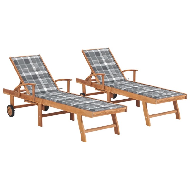 vidaXL Tumbonas 2 uds madera maciza de teca con cojín a cuadros gris vidaXL Tumbonas 2 uds madera maciza de teca con cojín a cuadros gris