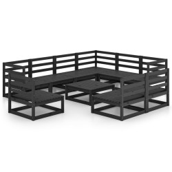 vidaXL Juego de muebles de jardín 10 pzas y cojines negro madera pino
