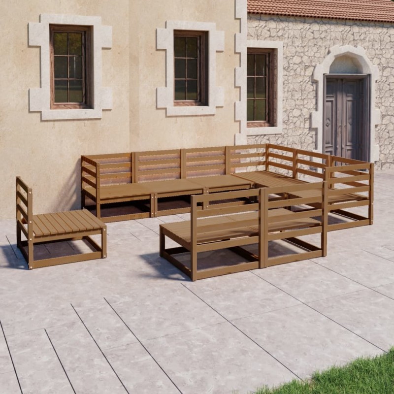 vidaXL Muebles de jardín 9 pzas y cojines marrón miel madera pino vidaXL Muebles de jardín 9 pzas y cojines marrón miel madera pino
