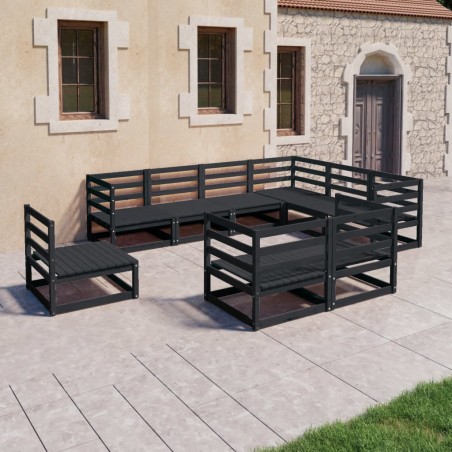 vidaXL Juego de muebles de jardín 9 pzas y cojines negro madera pino