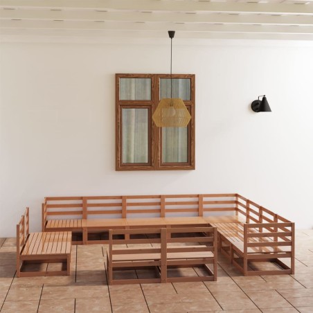 vidaXL Muebles de jardín 12 pzas y cojines marrón miel madera pino