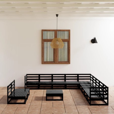 vidaXL Juego de muebles de jardín 12 pzas y cojines negro madera pino