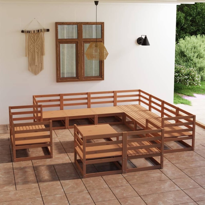 vidaXL Muebles de jardín 12 piezas marrón miel madera maciza de pino
