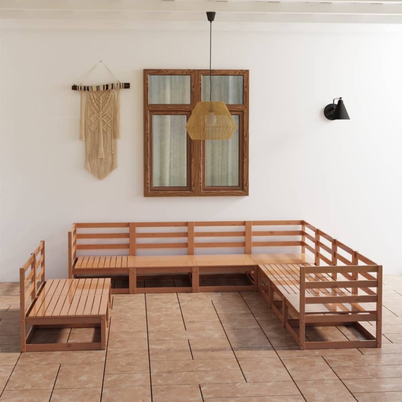 vidaXL Muebles de jardín 9 pzas y cojines marrón miel madera pino vidaXL Muebles de jardín 9 pzas y cojines marrón miel madera pino