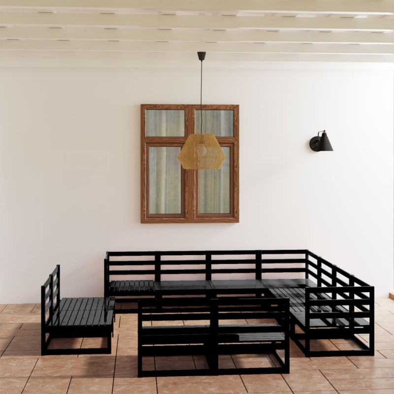 vidaXL Juego de muebles de jardín 11 pzas y cojines negro madera pino vidaXL Juego de muebles de jardín 11 pzas y cojines negro madera pino