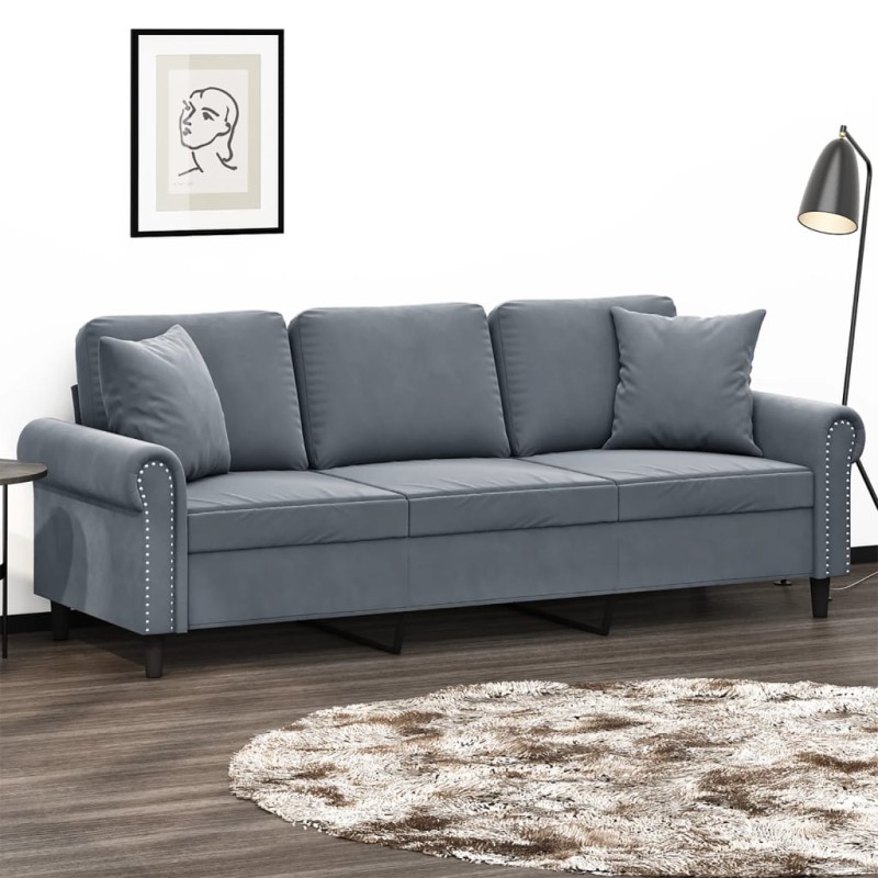 vidaXL Sofá de 3 plazas con cojines terciopelo gris oscuro 180 cm vidaXL Sofá de 3 plazas con cojines terciopelo gris oscuro 180 cm