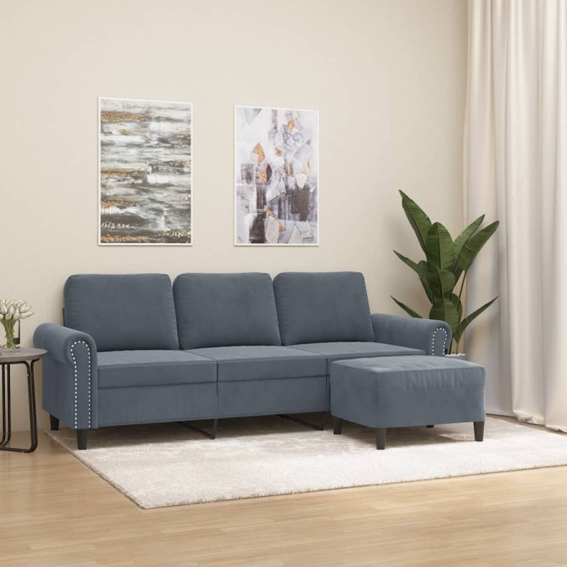 vidaXL Sofá de 3 plazas con taburete de terciopelo gris oscuro 180 cm vidaXL Sofá de 3 plazas con taburete de terciopelo gris oscuro 180 cm