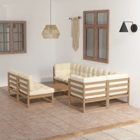 vidaXL Muebles de jardín 8 pzas y cojines madera maciza pino