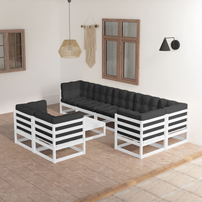 vidaXL Juego de muebles de jardín 9 pzas y cojines madera maciza pino vidaXL Juego de muebles de jardín 9 pzas y cojines madera maciza pino