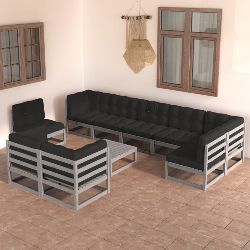 vidaXL Juego de muebles de jardín 10 pzas y cojines madera maciza pino vidaXL Juego de muebles de jardín 10 pzas y cojines madera maciza pino