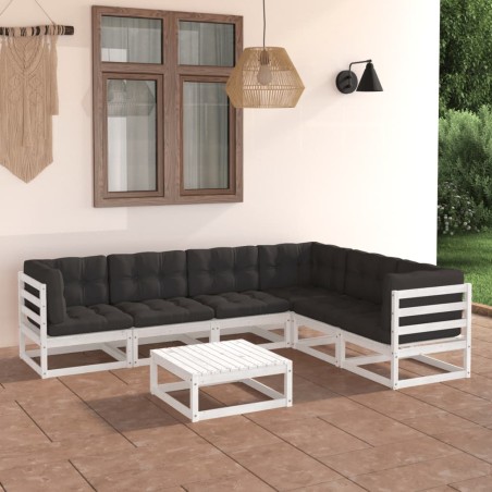 vidaXL Set muebles jardín 7 pzas con cojines madera maciza pino blanco