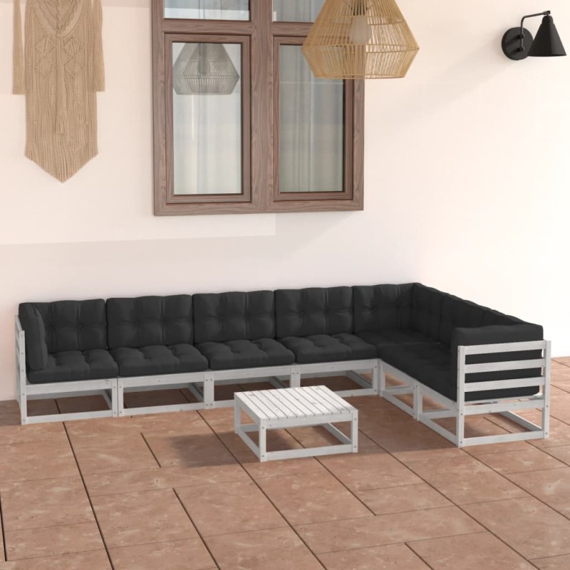 vidaXL Set muebles jardín con cojines 8 pzas madera maciza pino blanco vidaXL Set muebles jardín con cojines 8 pzas madera maciza pino blanco