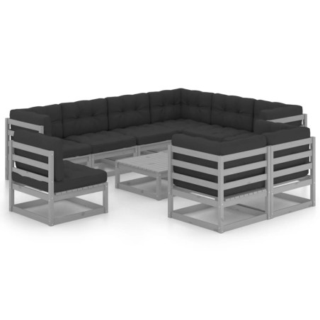 vidaXL Set de muebles de jardín 10 pzas con cojines madera pino gris