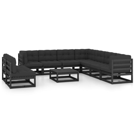 vidaXL Set de muebles de jardín 10 pzas con cojines madera pino negro
