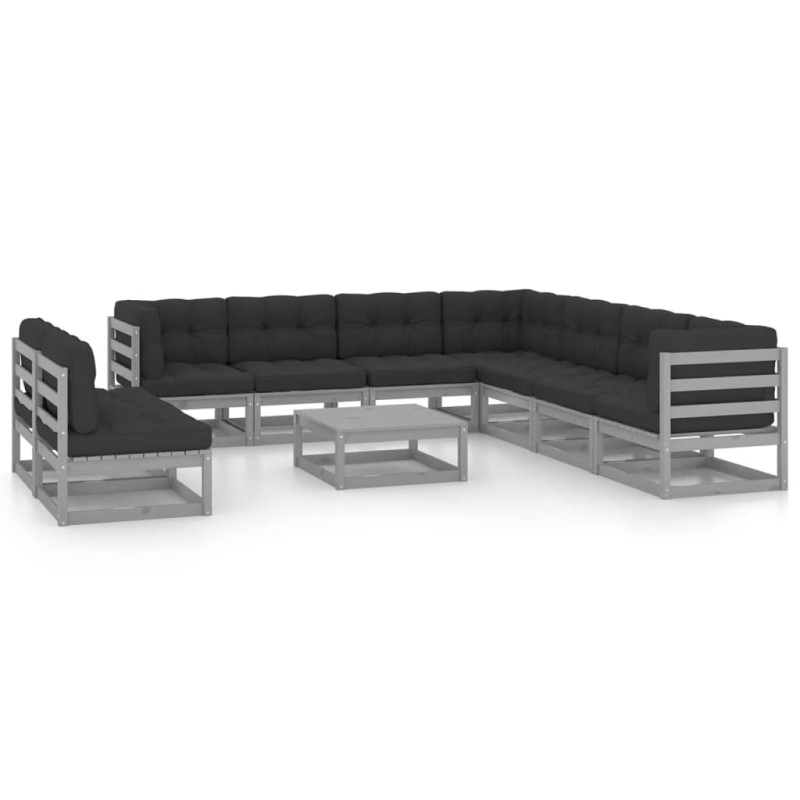 vidaXL Set de muebles de jardín 10 pzas con cojines madera pino gris vidaXL Set de muebles de jardín 10 pzas con cojines madera pino gris