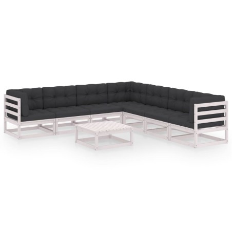 vidaXL Set muebles jardín con cojines 8 pzas madera maciza pino blanco