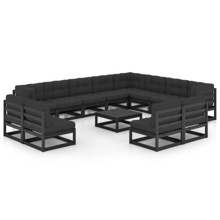 vidaXL Set de muebles de jardín 13 pzas con cojines madera pino negro