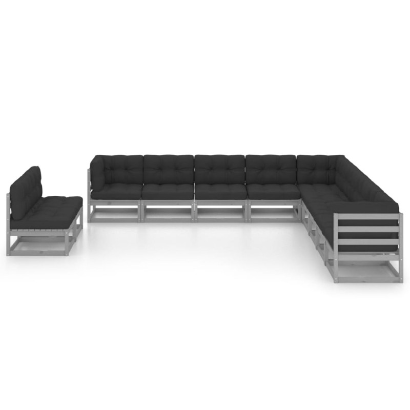 vidaXL Set de muebles de jardín 11 pzas con cojines madera pino gris vidaXL Set de muebles de jardín 11 pzas con cojines madera pino gris