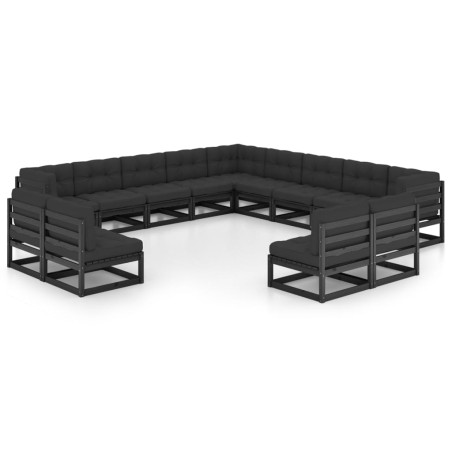 vidaXL Set de muebles de jardín 13 pzas con cojines madera pino negro