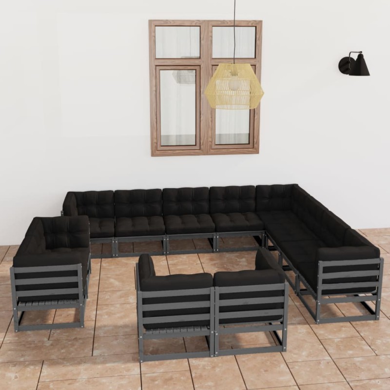 vidaXL Set de muebles de jardín 12 pzas con cojines madera pino gris vidaXL Set de muebles de jardín 12 pzas con cojines madera pino gris