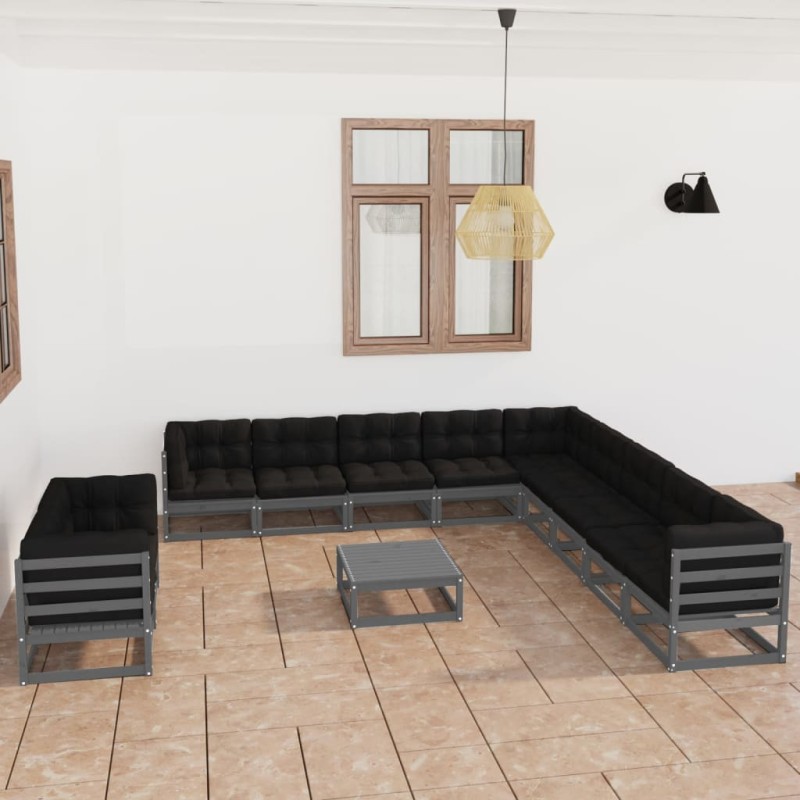 vidaXL Set de muebles de jardín 12 pzas con cojines madera pino gris vidaXL Set de muebles de jardín 12 pzas con cojines madera pino gris
