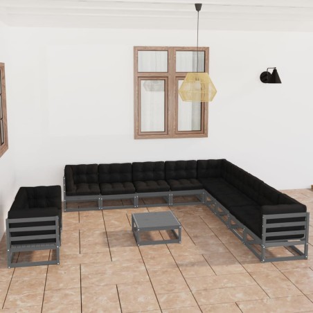 vidaXL Set de muebles de jardín 12 pzas con cojines madera pino gris
