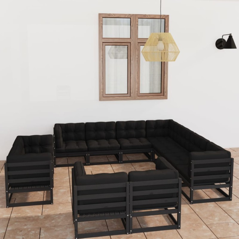 vidaXL Set de muebles de jardín 11 pzas con cojines madera pino negro vidaXL Set de muebles de jardín 11 pzas con cojines madera pino negro