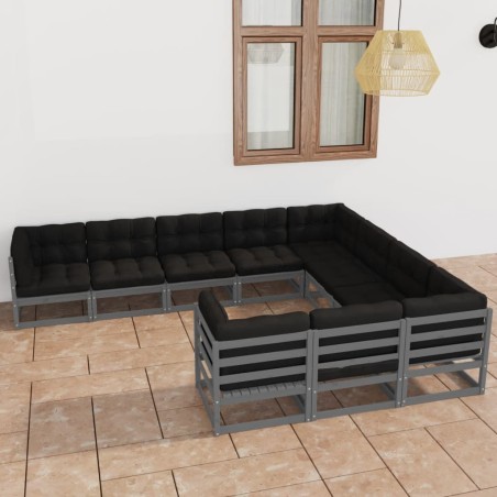 vidaXL Set de muebles de jardín 10 pzas con cojines madera pino gris