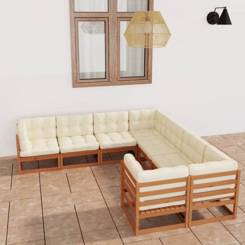 vidaXL Set de muebles de jardín 8 pzs cojines madera pino marrón miel vidaXL Set de muebles de jardín 8 pzs cojines madera pino marrón miel