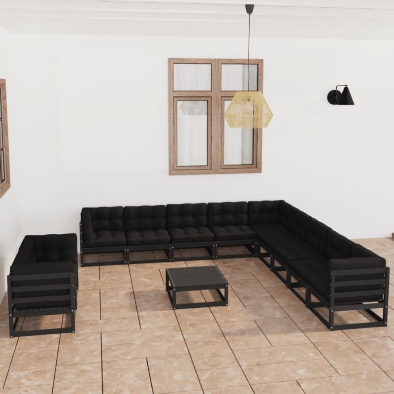 vidaXL Set de muebles de jardín 12 pzas con cojines madera pino negro vidaXL Set de muebles de jardín 12 pzas con cojines madera pino negro