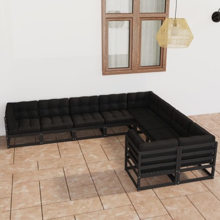 vidaXL Set de muebles de jardín 9 pzas con cojines madera pino negro