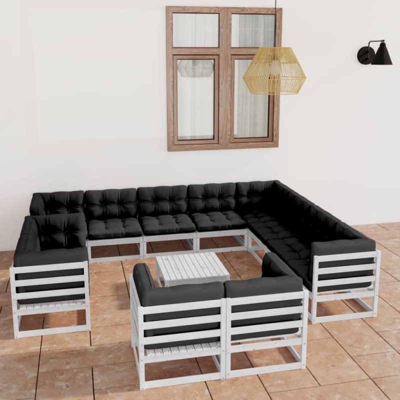 vidaXL Set de muebles de jardín 13 pzas con cojines madera pino blanco vidaXL Set de muebles de jardín 13 pzas con cojines madera pino blanco