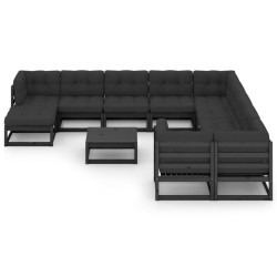 vidaXL Set de muebles de jardín 12 pzas con cojines madera pino negro