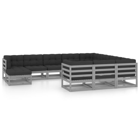 vidaXL Set de muebles de jardín 11 pzas con cojines madera pino gris