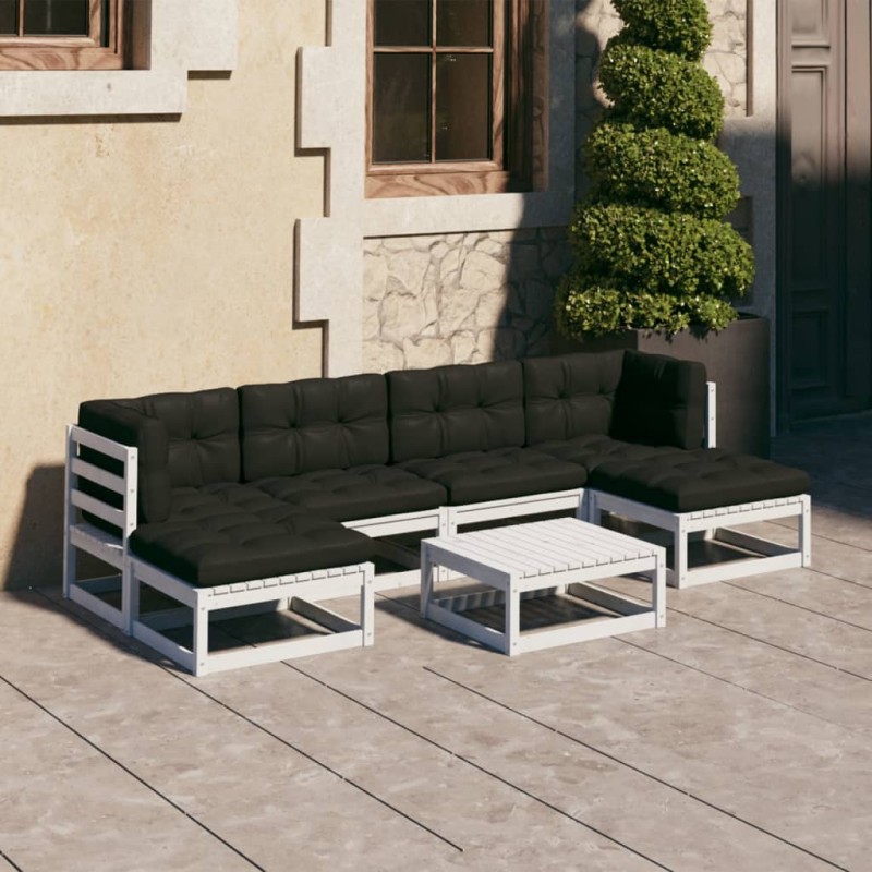 vidaXL Set muebles jardín 7 pzas con cojines madera maciza pino blanco