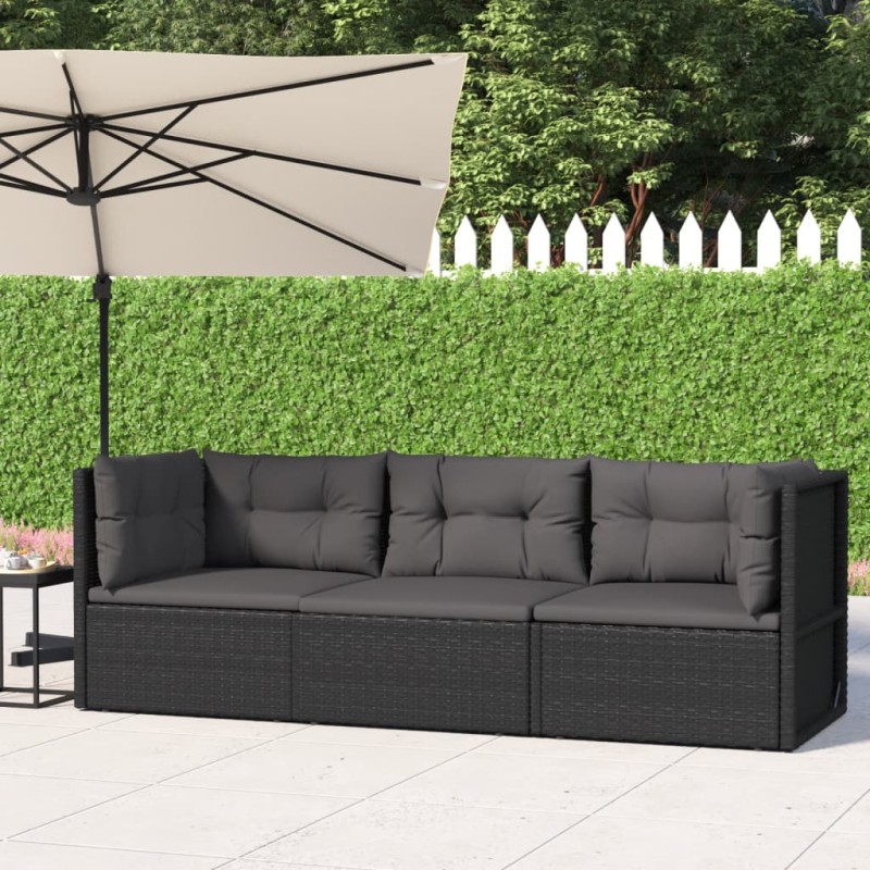 vidaXL Set de muebles de jardín 3 pzas y cojines ratán sintético negro vidaXL Set de muebles de jardín 3 pzas y cojines ratán sintético negro