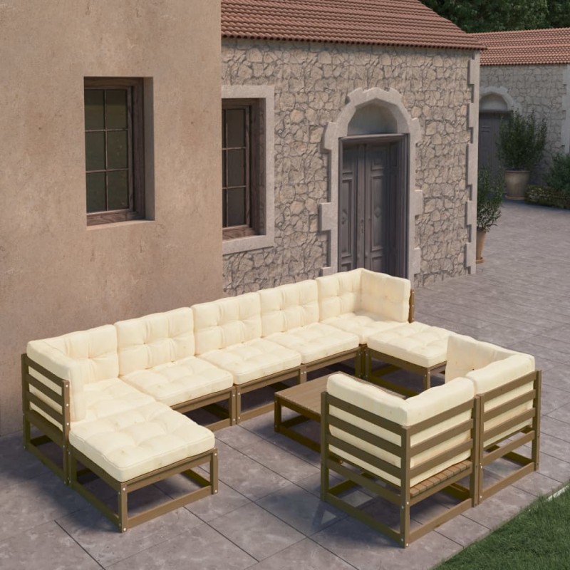 vidaXL Set de muebles de jardín 10 pzs cojines madera pino marrón miel vidaXL Set de muebles de jardín 10 pzs cojines madera pino marrón miel