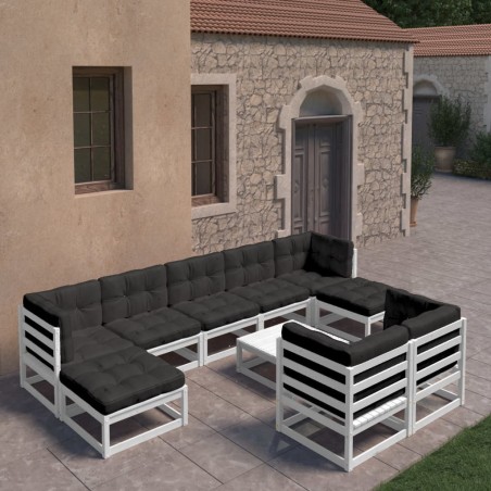 vidaXL Set de muebles de jardín 10 pzas con cojines madera pino blanco