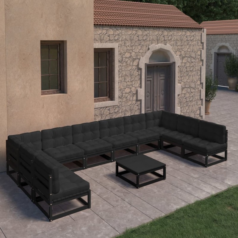 vidaXL Set de muebles de jardín 11 pzas con cojines madera pino negro vidaXL Set de muebles de jardín 11 pzas con cojines madera pino negro