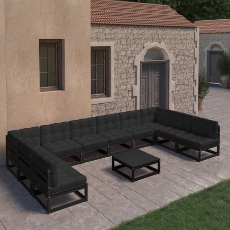 vidaXL Set de muebles de jardín 11 pzas con cojines madera pino negro