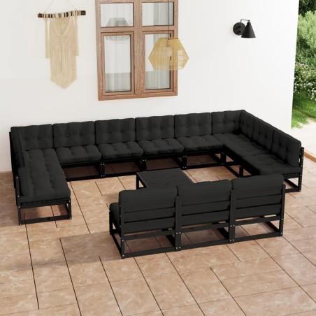vidaXL Set de muebles de jardín 14 pzas con cojines madera pino negro