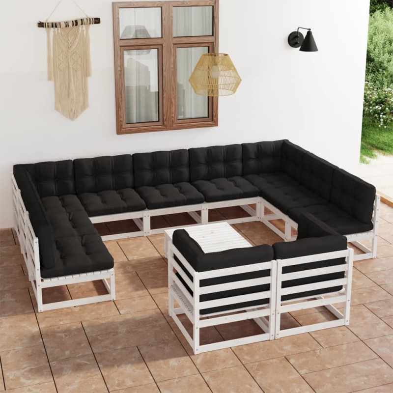 vidaXL Set de muebles de jardín 12 pzas con cojines madera pino blanco vidaXL Set de muebles de jardín 12 pzas con cojines madera pino blanco