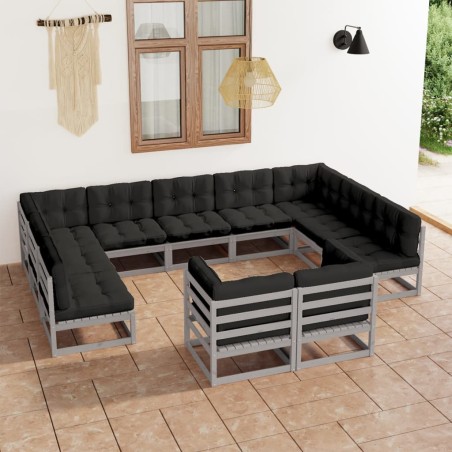 vidaXL Set de muebles de jardín 11 pzas con cojines madera pino gris